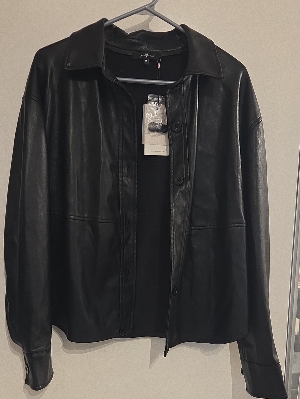 7 For All Mankind Black Faux Leather Button-Front Jacket Faux Leather Shirt Fall